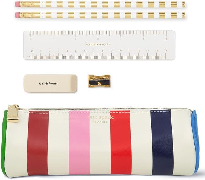 עט ועפרונות Kate Spade New York עם ציוד משרדי, נרתיק רוכסן כולל 2 עפרונות, מחדד, מחק וסרגל